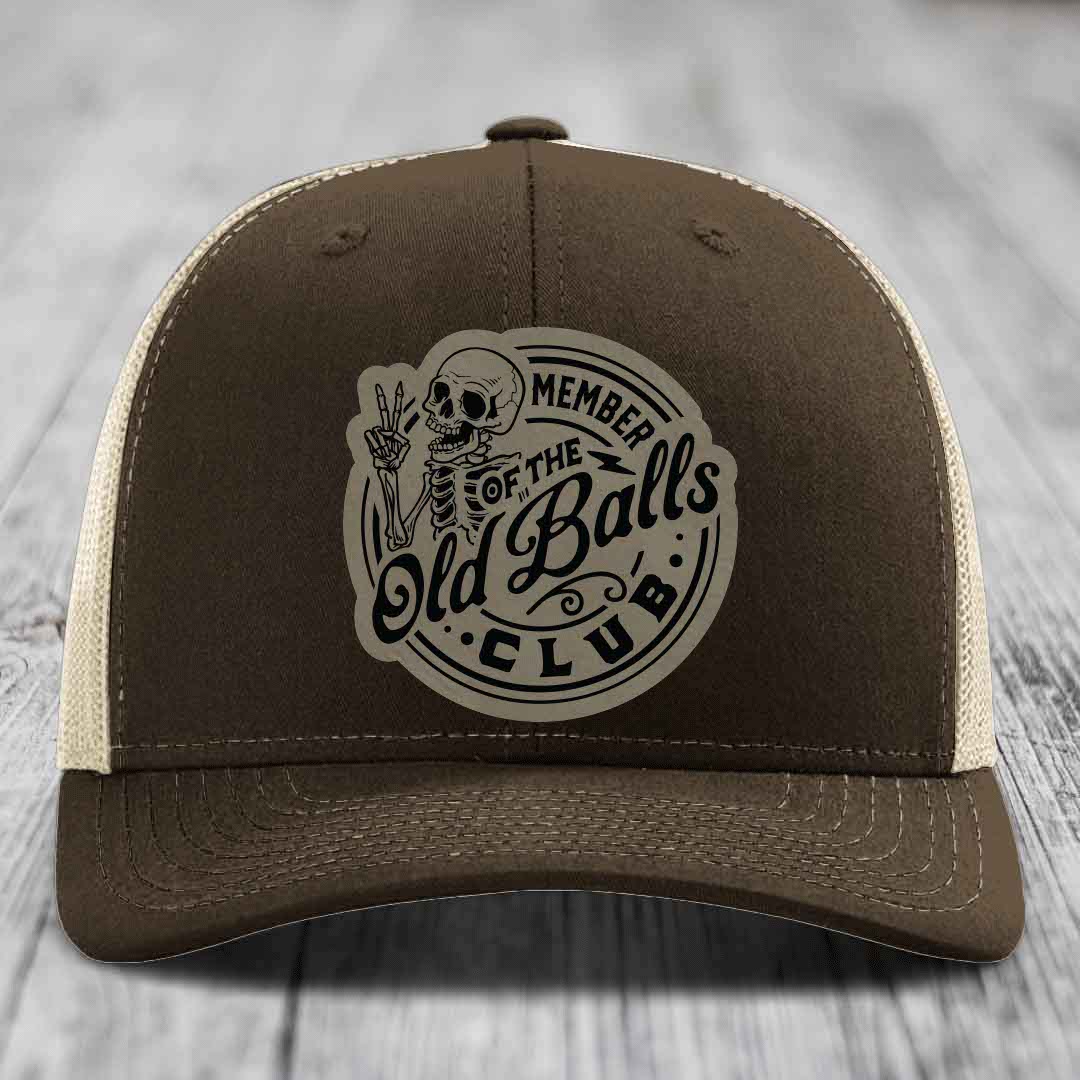 Member of the Old Balls Club - Leather Patch Hat - Light Brown to Black Patch - Richardson 112 Snapback Trucker Hat