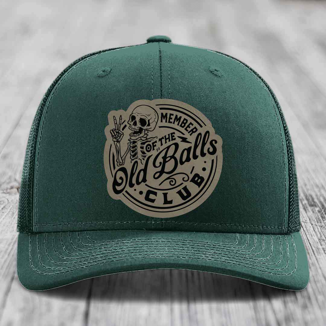 Member of the Old Balls Club - Leather Patch Hat - Light Brown to Black Patch - Richardson 112 Snapback Trucker Hat