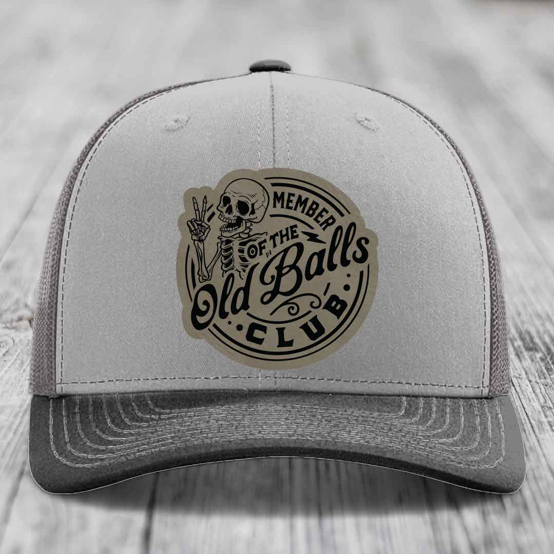 Member of the Old Balls Club - Leather Patch Hat - Light Brown to Black Patch - Richardson 112 Snapback Trucker Hat