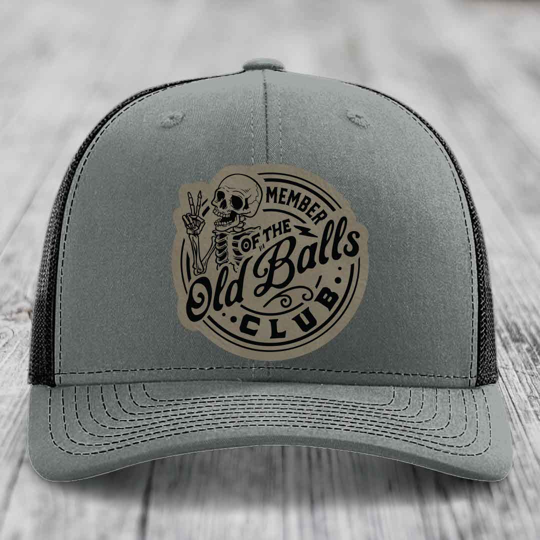 Member of the Old Balls Club - Leather Patch Hat - Light Brown to Black Patch - Richardson 112 Snapback Trucker Hat
