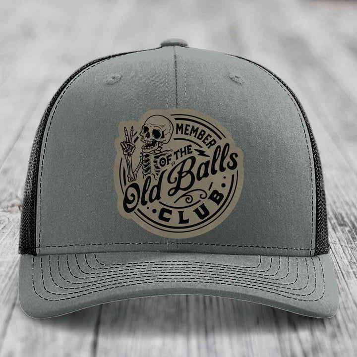 Member of the Old Balls Club - Leather Patch Hat - Light Brown to Black Patch - Richardson 112 Snapback Trucker Hat