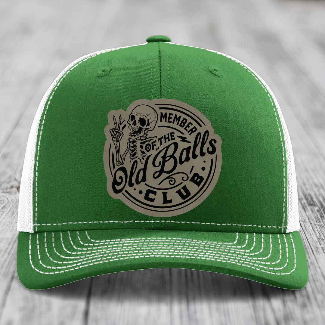 Member of the Old Balls Club - Leather Patch Hat - Light Brown to Black Patch - Richardson 112 Snapback Trucker Hat
