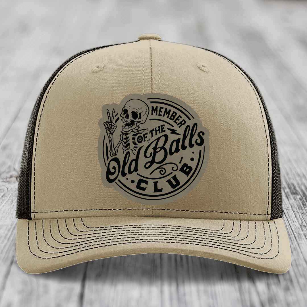 Member of the Old Balls Club - Leather Patch Hat - Light Brown to Black Patch - Richardson 112 Snapback Trucker Hat