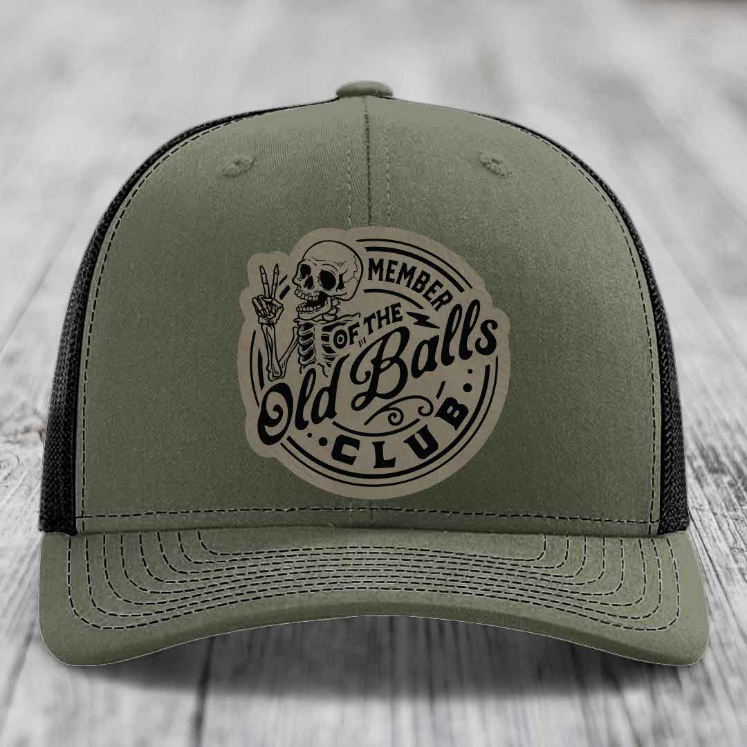 Member of the Old Balls Club - Leather Patch Hat - Light Brown to Black Patch - Richardson 112 Snapback Trucker Hat