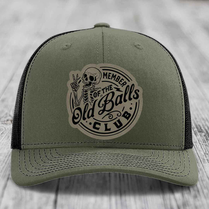 Member of the Old Balls Club - Leather Patch Hat - Light Brown to Black Patch - Richardson 112 Snapback Trucker Hat