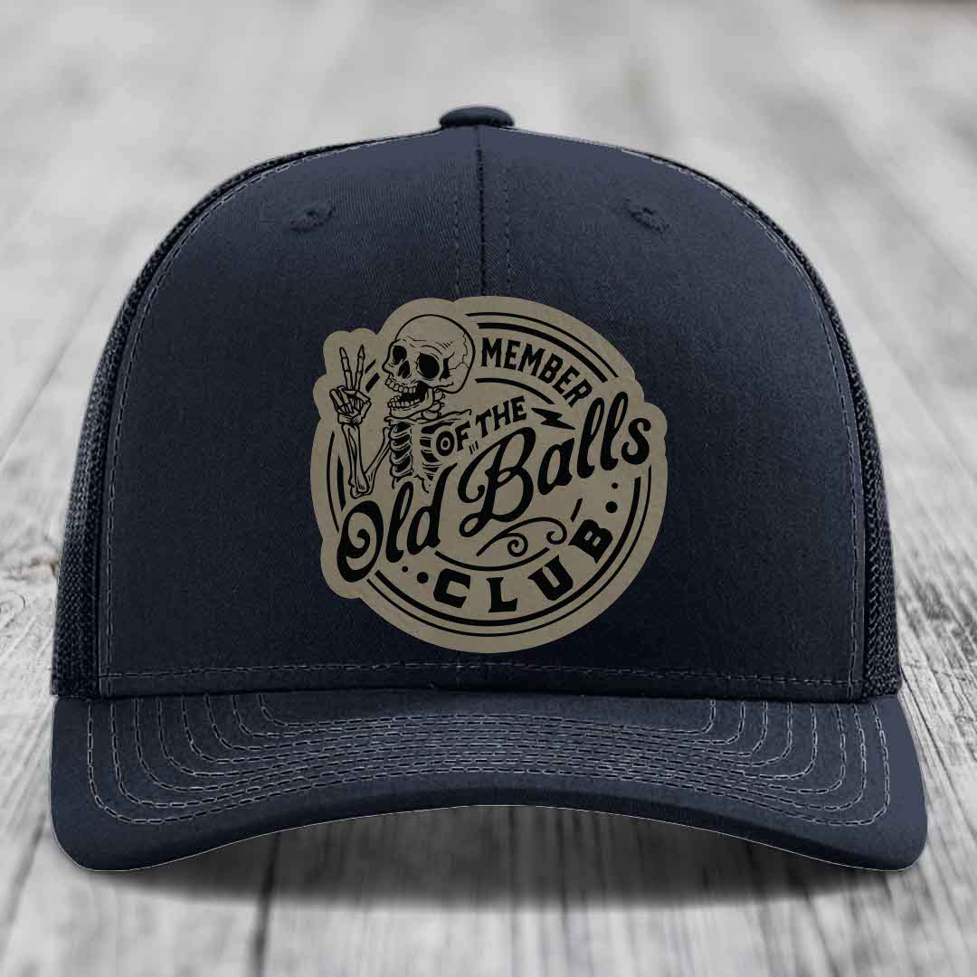 Member of the Old Balls Club - Leather Patch Hat - Light Brown to Black Patch - Richardson 112 Snapback Trucker Hat