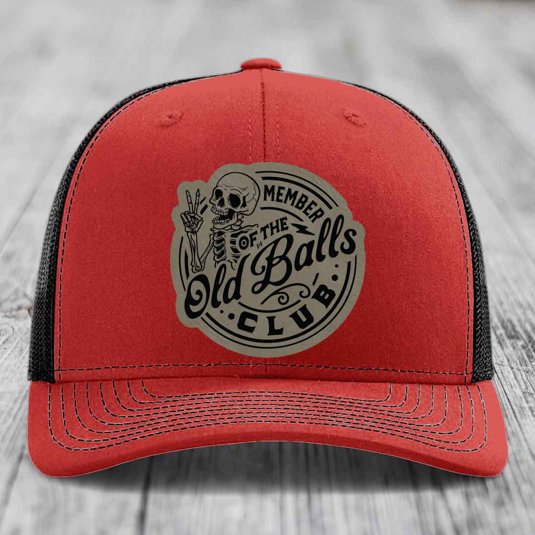 Member of the Old Balls Club - Leather Patch Hat - Light Brown to Black Patch - Richardson 112 Snapback Trucker Hat