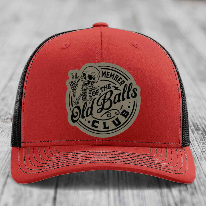 Member of the Old Balls Club - Leather Patch Hat - Light Brown to Black Patch - Richardson 112 Snapback Trucker Hat