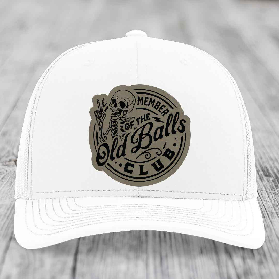 Member of the Old Balls Club - Leather Patch Hat - Light Brown to Black Patch - Richardson 112 Snapback Trucker Hat