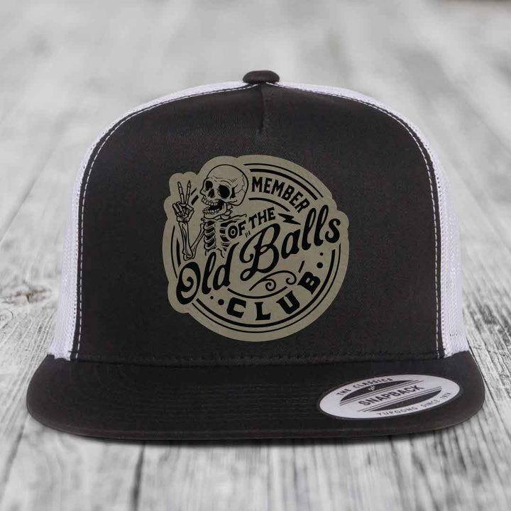 Member of the Old Balls Club - Leather Patch Hat - Light Brown to Black Patch - Yupoong 6006 Snapback Flatbill Hat