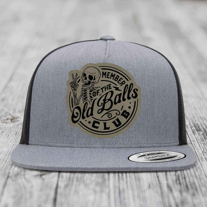 Member of the Old Balls Club - Leather Patch Hat - Light Brown to Black Patch - Yupoong 6006 Snapback Flatbill Hat