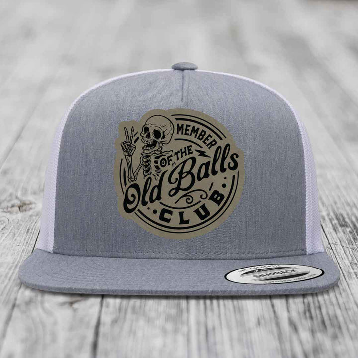 Member of the Old Balls Club - Leather Patch Hat - Light Brown to Black Patch - Yupoong 6006 Snapback Flatbill Hat