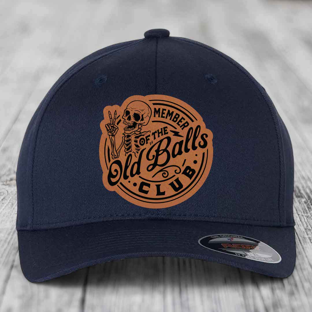 Member of the Old Balls Club - Leather Patch Hat - Rawhide to Black Patch - Flexfit 6277 Fitted Hat
