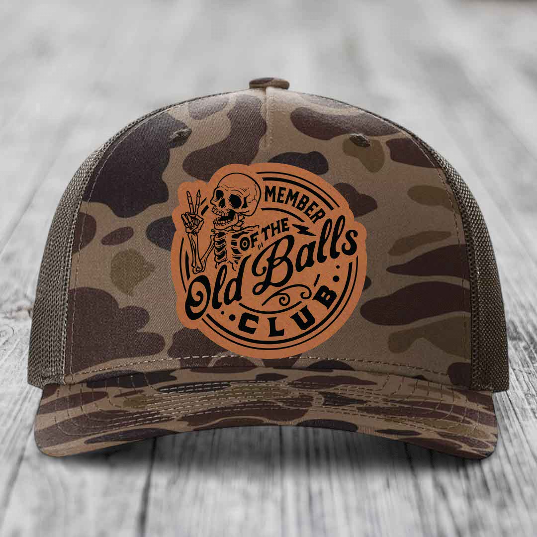 Member of the Old Balls Club - Leather Patch Hat - Rawhide to Black Patch - Richardson 112PFP Snapback Trucker Hat