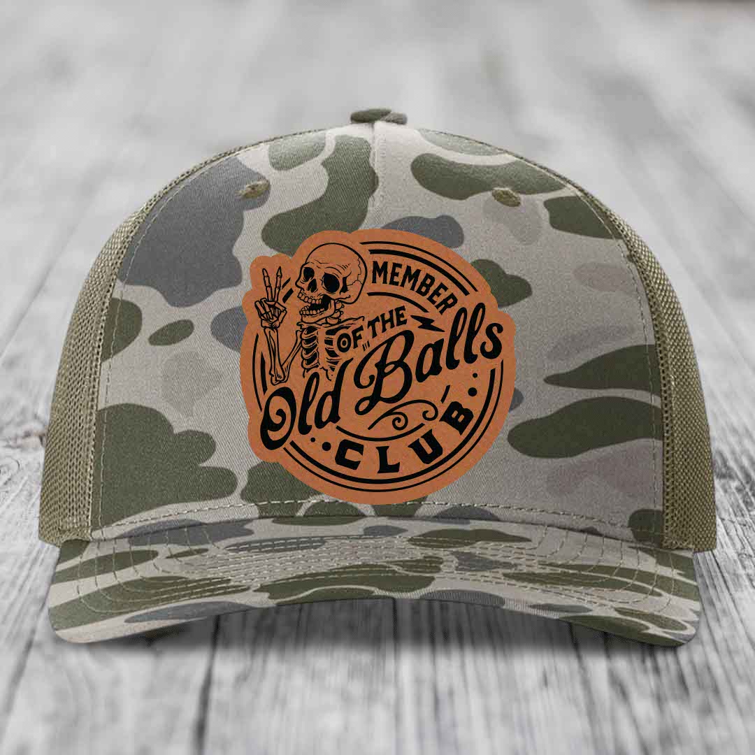 Member of the Old Balls Club - Leather Patch Hat - Rawhide to Black Patch - Richardson 112PFP Snapback Trucker Hat