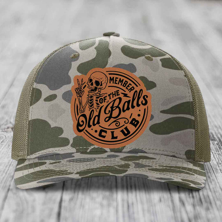 Member of the Old Balls Club - Leather Patch Hat - Rawhide to Black Patch - Richardson 112PFP Snapback Trucker Hat