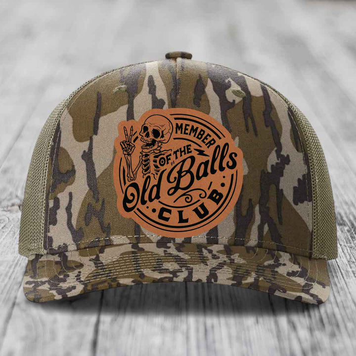 Member of the Old Balls Club - Leather Patch Hat - Rawhide to Black Patch - Richardson 112PFP Snapback Trucker Hat