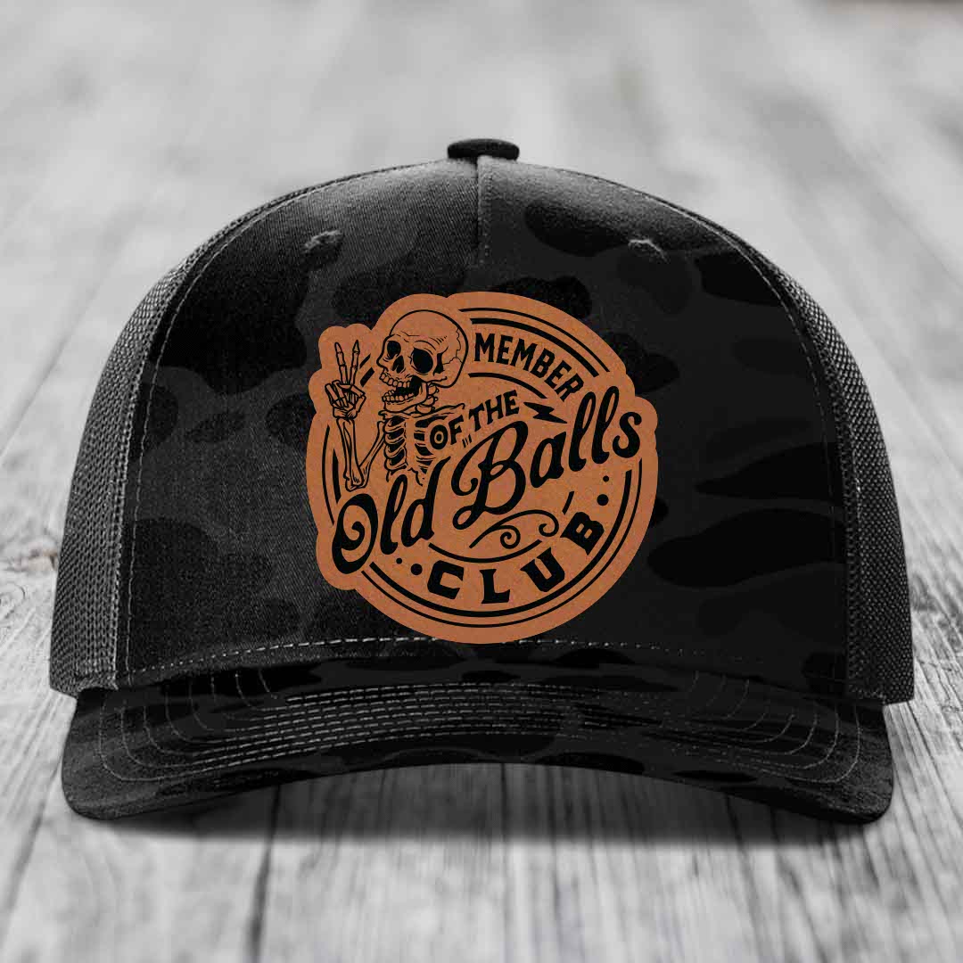 Member of the Old Balls Club - Leather Patch Hat - Rawhide to Black Patch - Richardson 112PFP Snapback Trucker Hat