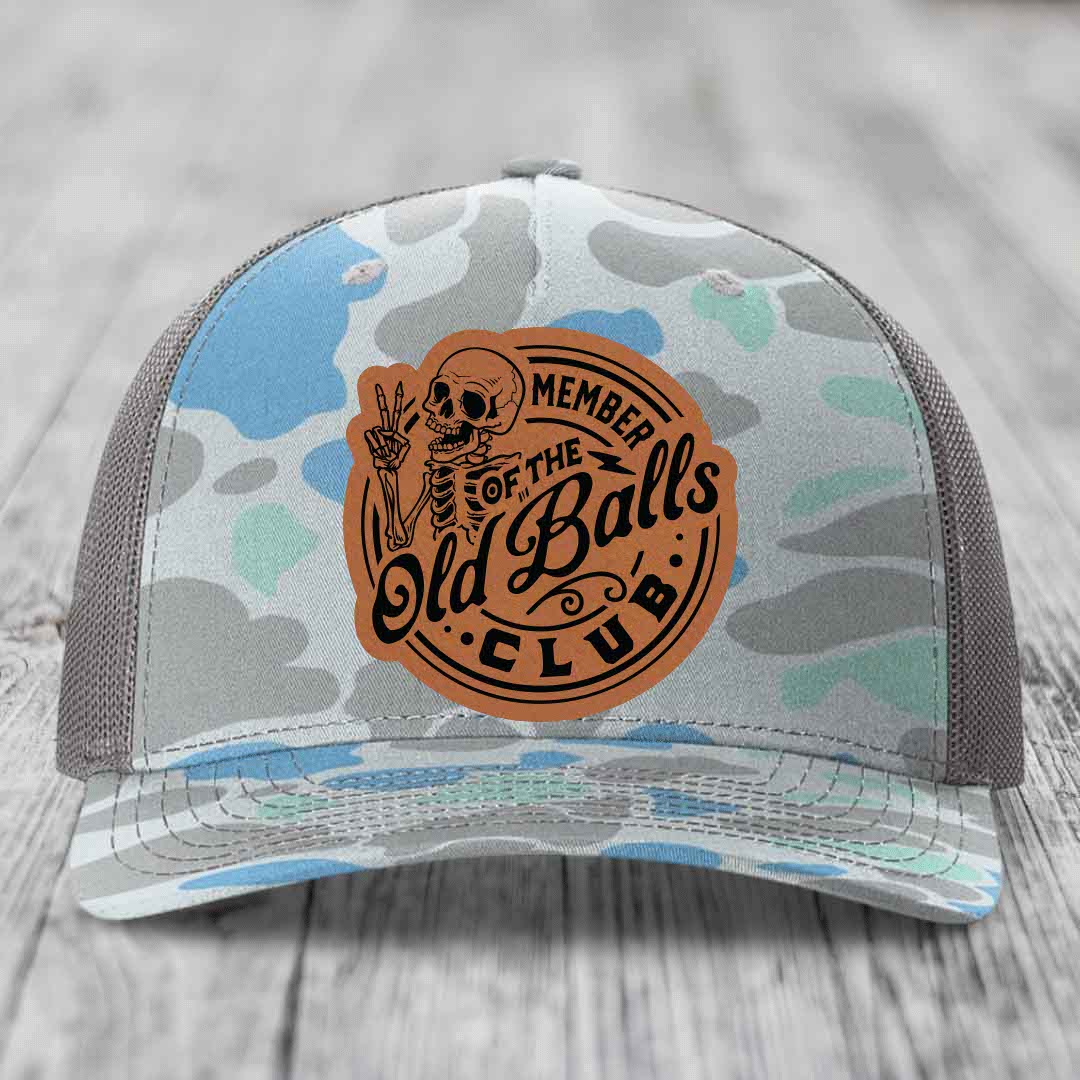 Member of the Old Balls Club - Leather Patch Hat - Rawhide to Black Patch - Richardson 112PFP Snapback Trucker Hat