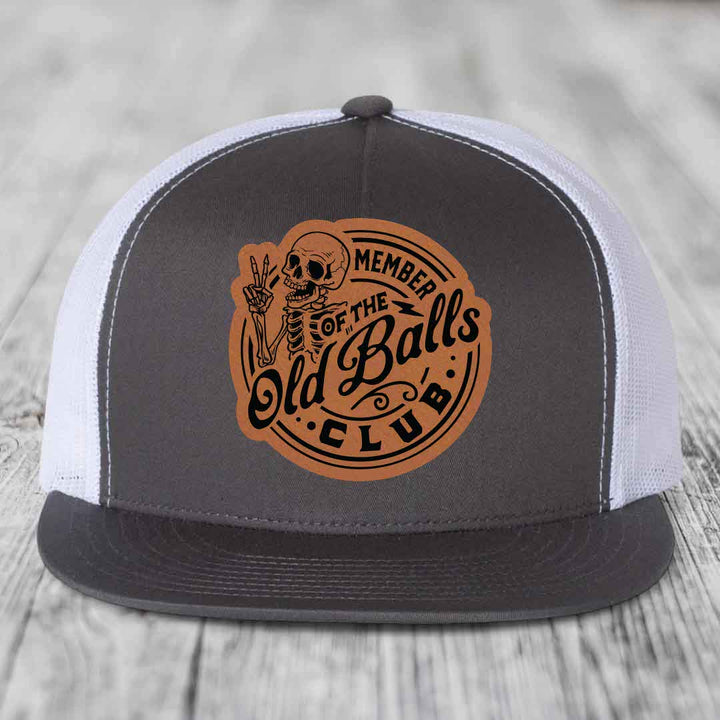 Member of the Old Balls Club - Leather Patch Hat - Rawhide to Black Patch - Yupoong 6006 Snapback Flatbill Hat