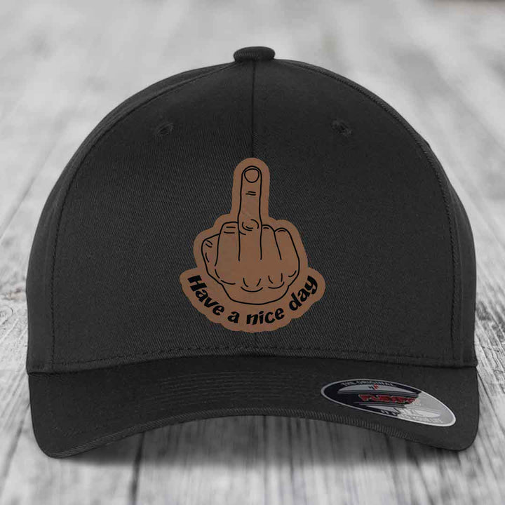 Middle Finger (Have A Nice Day) - Leather Patch Hat - Dark Brown to Black Patch - Flexfit 6277 Fitted Hat