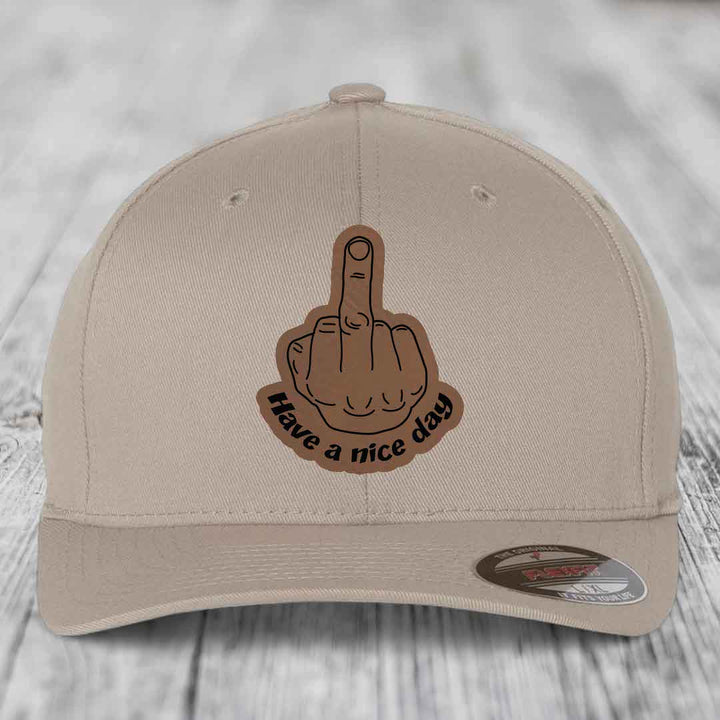 Middle Finger (Have A Nice Day) - Leather Patch Hat - Dark Brown to Black Patch - Flexfit 6277 Fitted Hat