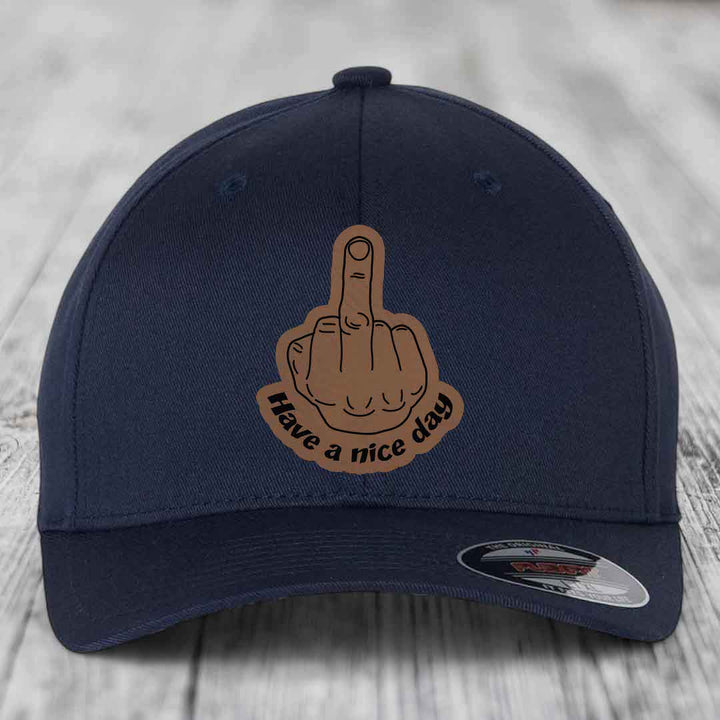 Middle Finger (Have A Nice Day) - Leather Patch Hat - Dark Brown to Black Patch - Flexfit 6277 Fitted Hat
