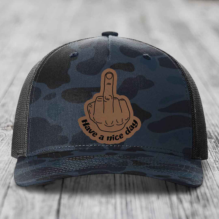Middle Finger (Have A Nice Day) - Leather Patch Hat - Dark Brown to Black Patch - Richardson 112PFP Snapback Trucker Hat