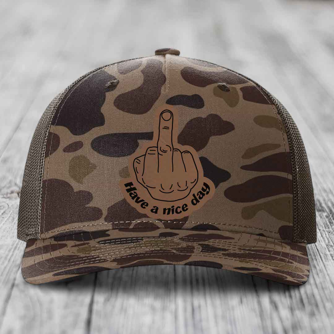Middle Finger (Have A Nice Day) - Leather Patch Hat - Dark Brown to Black Patch - Richardson 112PFP Snapback Trucker Hat