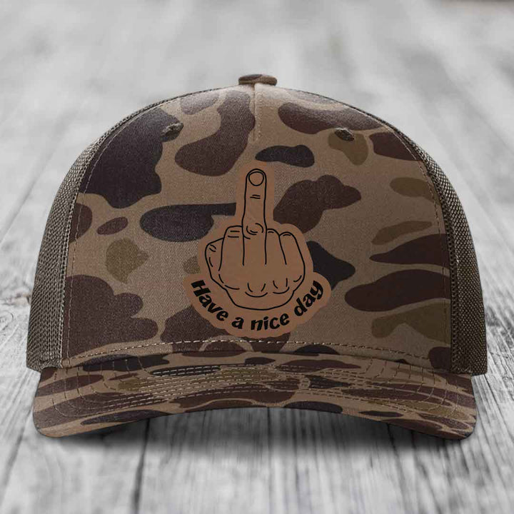Middle Finger (Have A Nice Day) - Leather Patch Hat - Dark Brown to Black Patch - Richardson 112PFP Snapback Trucker Hat