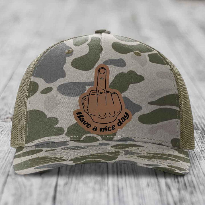 Middle Finger (Have A Nice Day) - Leather Patch Hat - Dark Brown to Black Patch - Richardson 112PFP Snapback Trucker Hat