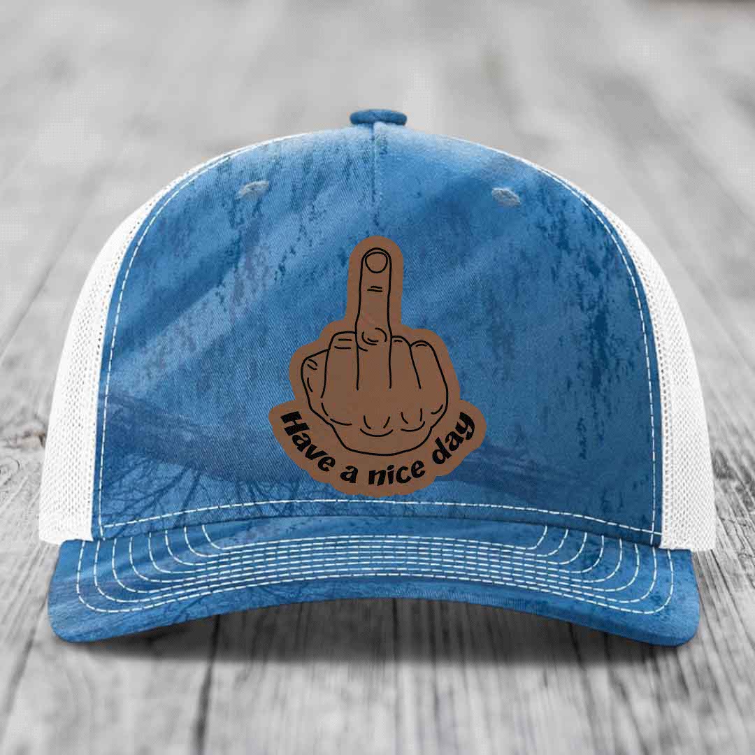 Middle Finger (Have A Nice Day) - Leather Patch Hat - Dark Brown to Black Patch - Richardson 112PFP Snapback Trucker Hat