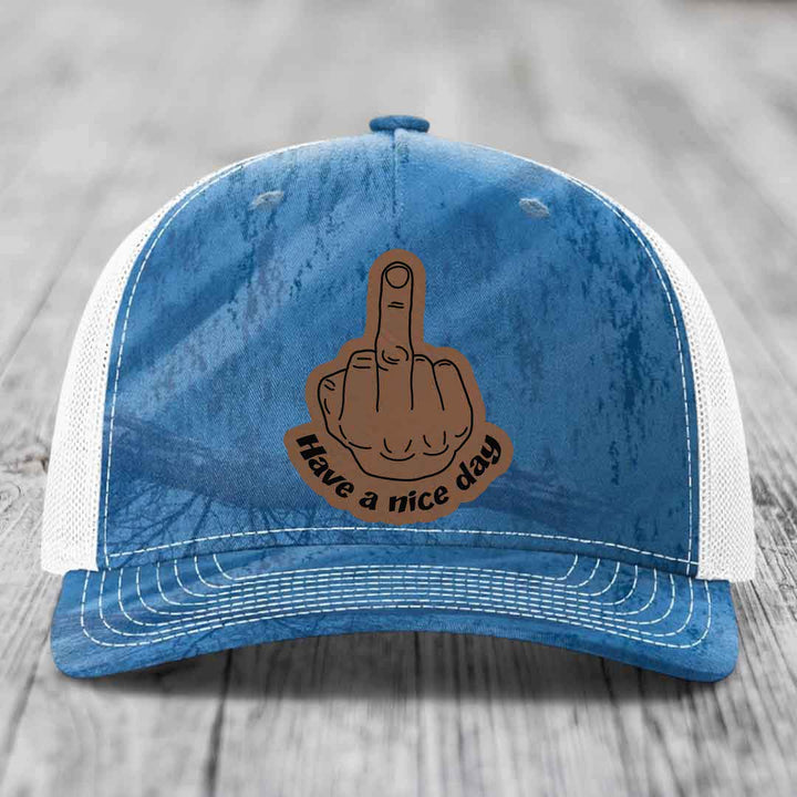Middle Finger (Have A Nice Day) - Leather Patch Hat - Dark Brown to Black Patch - Richardson 112PFP Snapback Trucker Hat