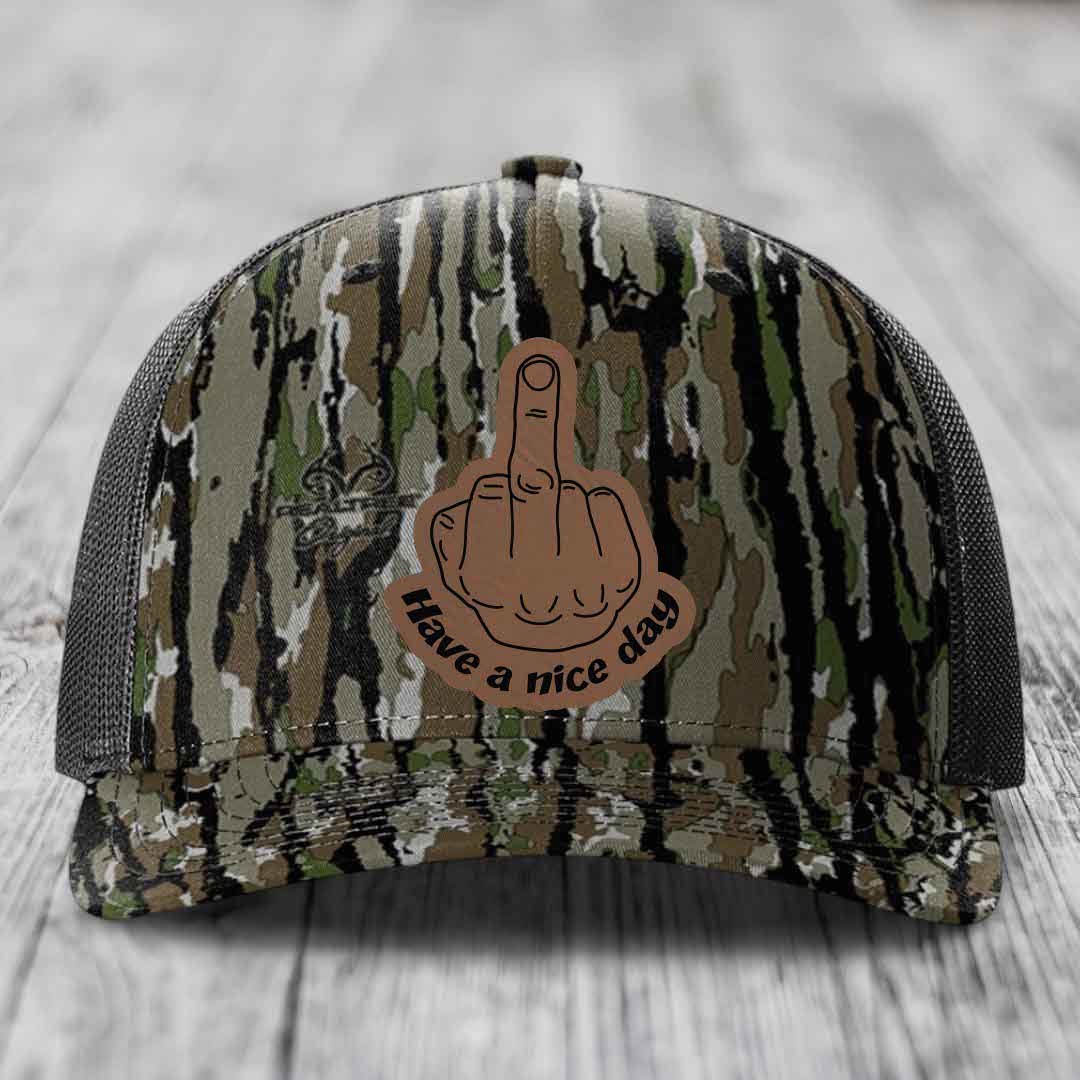 Middle Finger (Have A Nice Day) - Leather Patch Hat - Dark Brown to Black Patch - Richardson 112PFP Snapback Trucker Hat