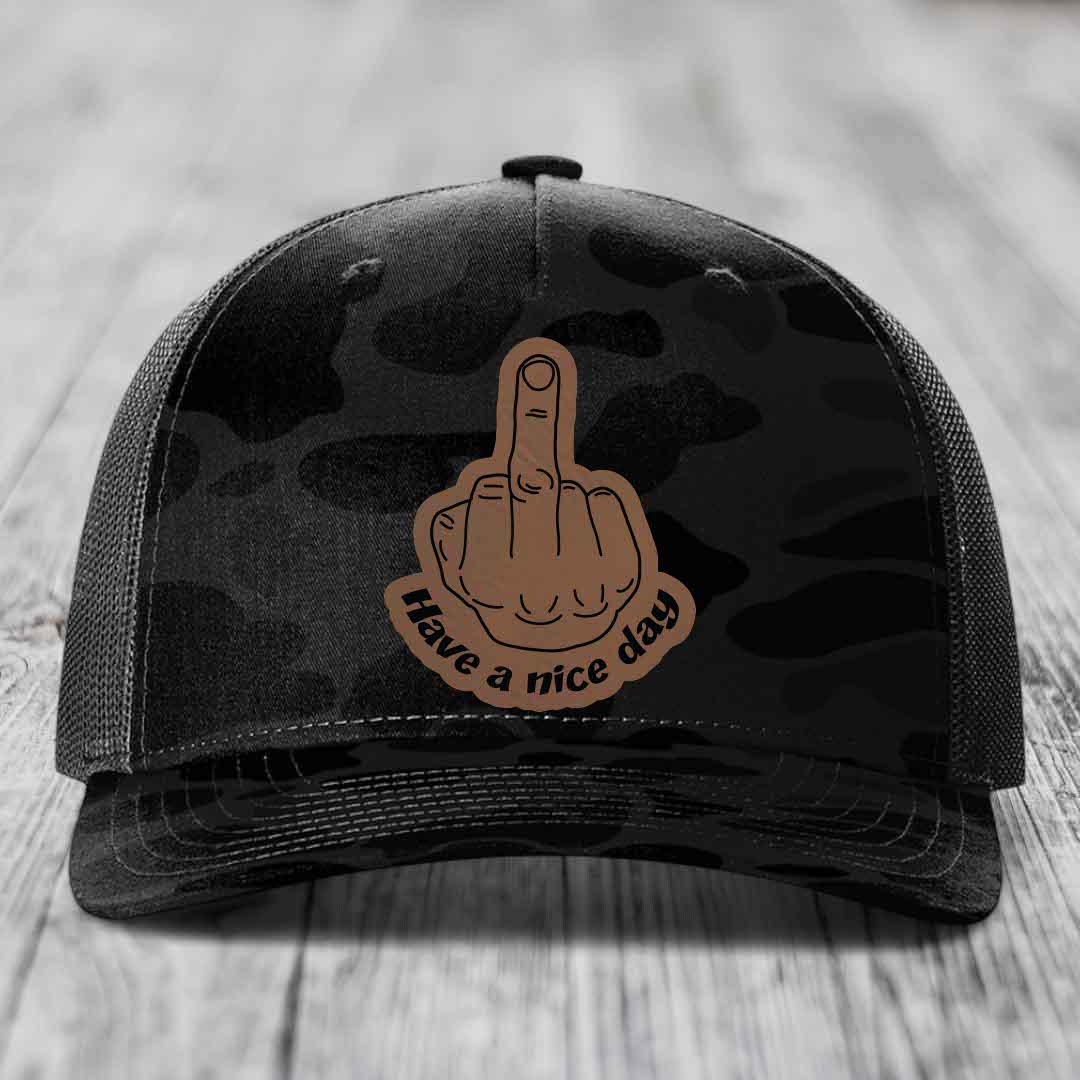 Middle Finger (Have A Nice Day) - Leather Patch Hat - Dark Brown to Black Patch - Richardson 112PFP Snapback Trucker Hat