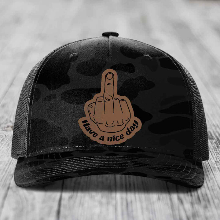 Middle Finger (Have A Nice Day) - Leather Patch Hat - Dark Brown to Black Patch - Richardson 112PFP Snapback Trucker Hat