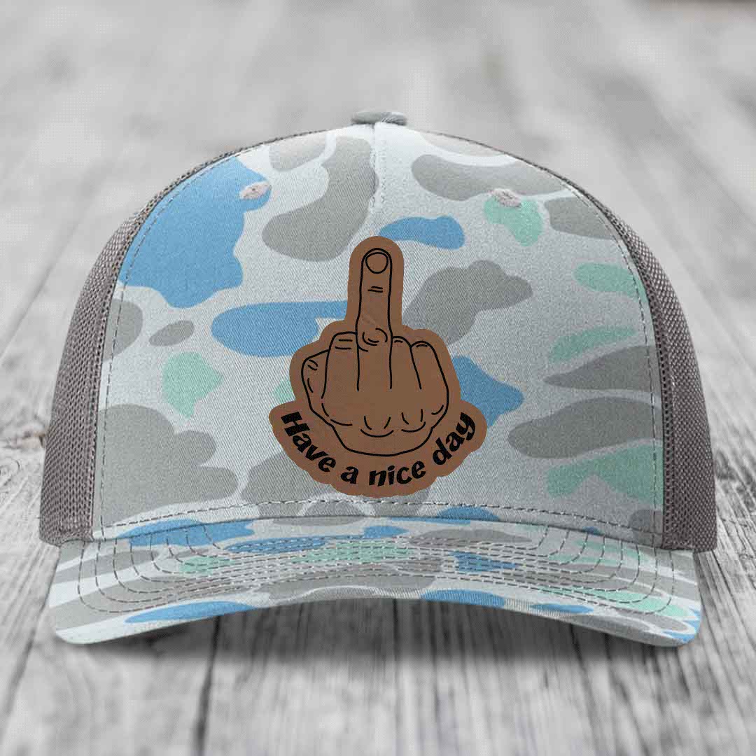 Middle Finger (Have A Nice Day) - Leather Patch Hat - Dark Brown to Black Patch - Richardson 112PFP Snapback Trucker Hat