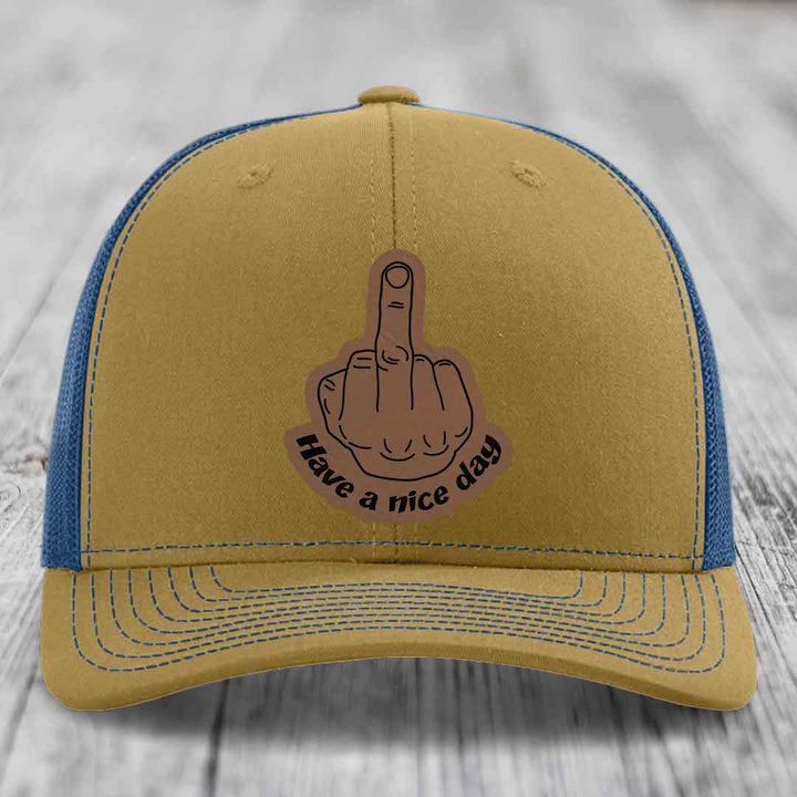 Middle Finger (Have A Nice Day) - Leather Patch Hat - Dark Brown to Black Patch - Richardson 112 Snapback Trucker Hat