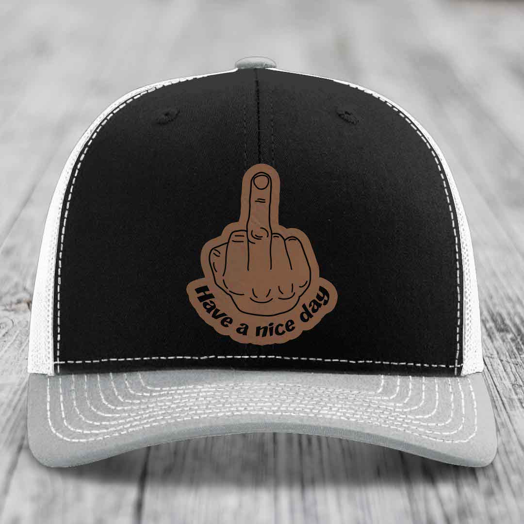 Middle Finger (Have A Nice Day) - Leather Patch Hat - Dark Brown to Black Patch - Richardson 112 Snapback Trucker Hat