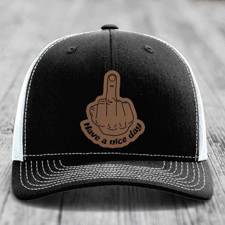 Middle Finger (Have A Nice Day) - Leather Patch Hat - Dark Brown to Black Patch - Richardson 112 Snapback Trucker Hat