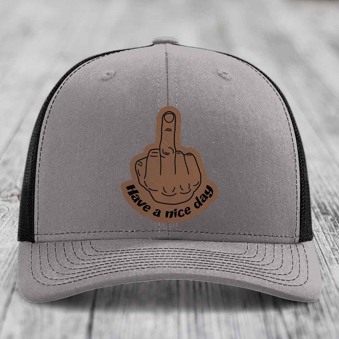 Middle Finger (Have A Nice Day) - Leather Patch Hat - Dark Brown to Black Patch - Richardson 112 Snapback Trucker Hat