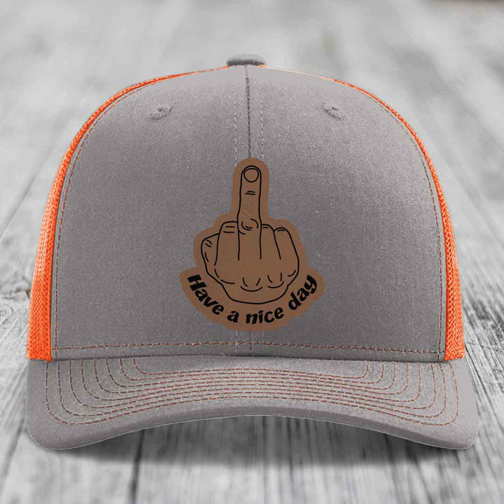 Middle Finger (Have A Nice Day) - Leather Patch Hat - Dark Brown to Black Patch - Richardson 112 Snapback Trucker Hat
