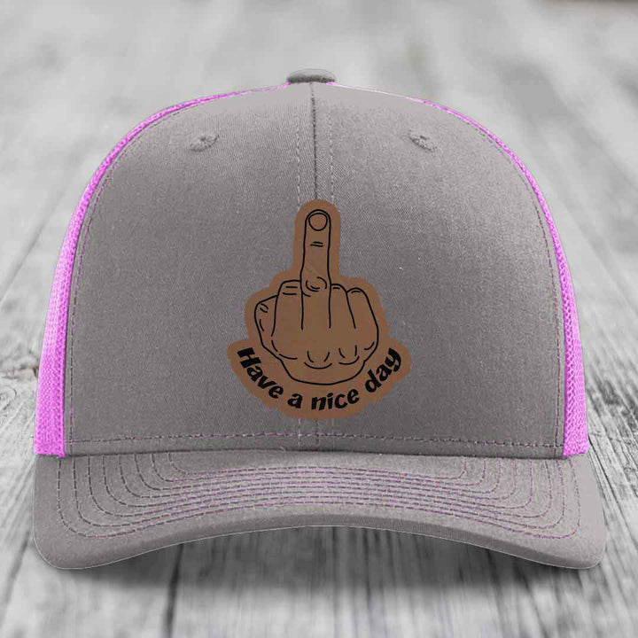 Middle Finger (Have A Nice Day) - Leather Patch Hat - Dark Brown to Black Patch - Richardson 112 Snapback Trucker Hat