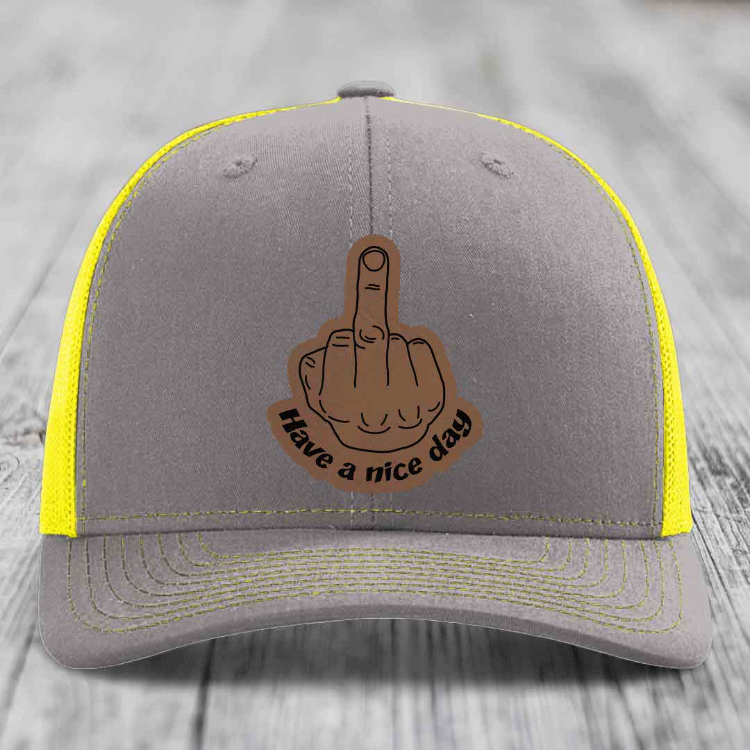 Middle Finger (Have A Nice Day) - Leather Patch Hat - Dark Brown to Black Patch - Richardson 112 Snapback Trucker Hat