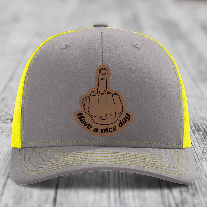 Middle Finger (Have A Nice Day) - Leather Patch Hat - Dark Brown to Black Patch - Richardson 112 Snapback Trucker Hat
