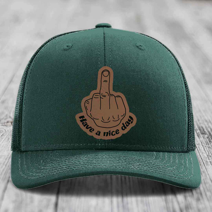 Middle Finger (Have A Nice Day) - Leather Patch Hat - Dark Brown to Black Patch - Richardson 112 Snapback Trucker Hat