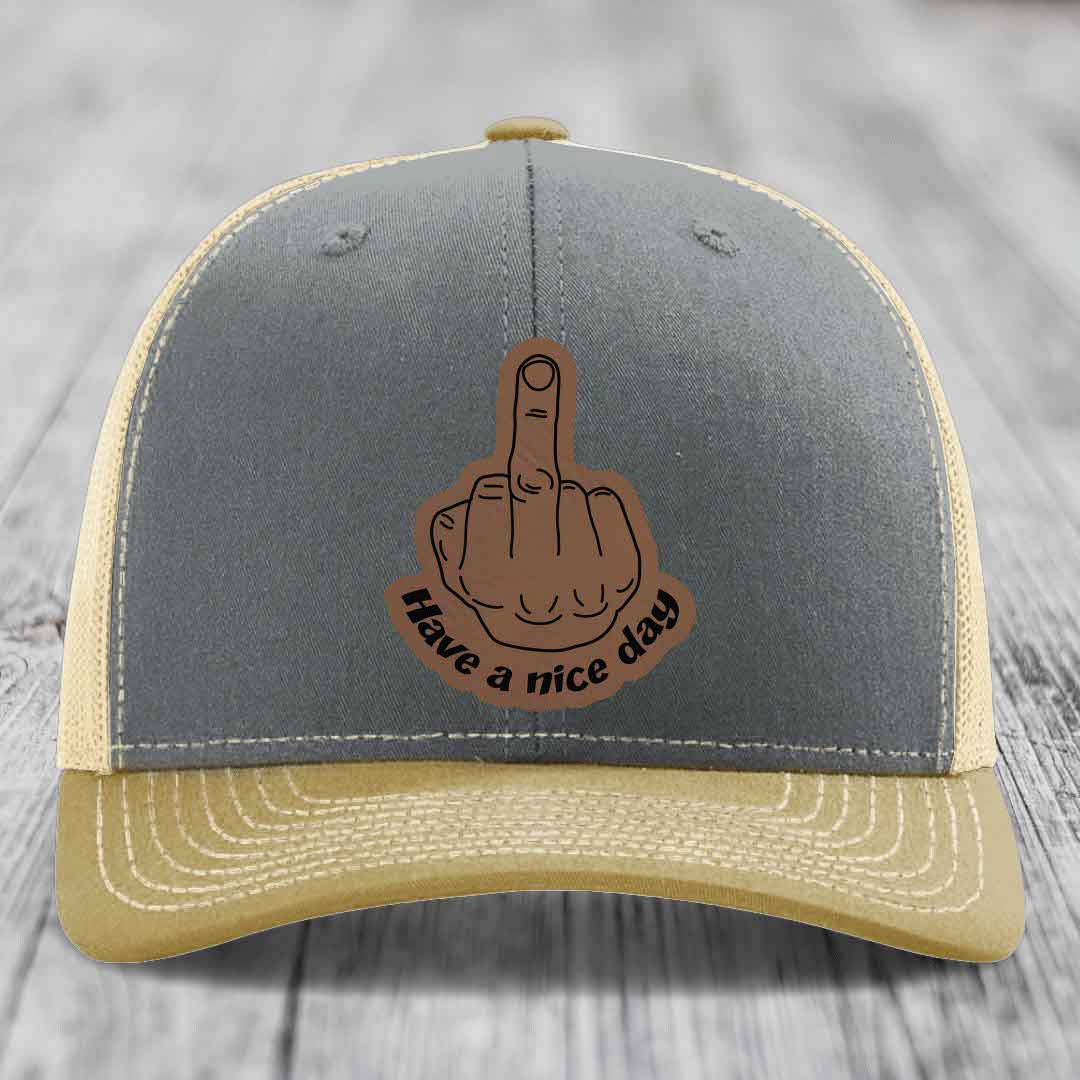 Middle Finger (Have A Nice Day) - Leather Patch Hat - Dark Brown to Black Patch - Richardson 112 Snapback Trucker Hat