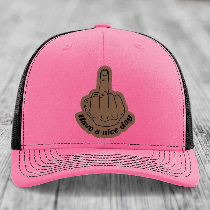 Middle Finger (Have A Nice Day) - Leather Patch Hat - Dark Brown to Black Patch - Richardson 112 Snapback Trucker Hat