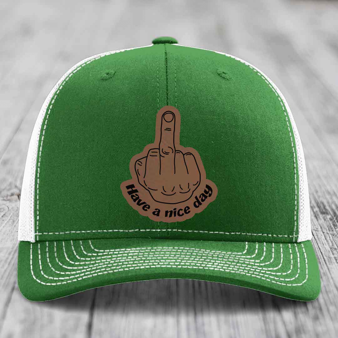 Middle Finger (Have A Nice Day) - Leather Patch Hat - Dark Brown to Black Patch - Richardson 112 Snapback Trucker Hat