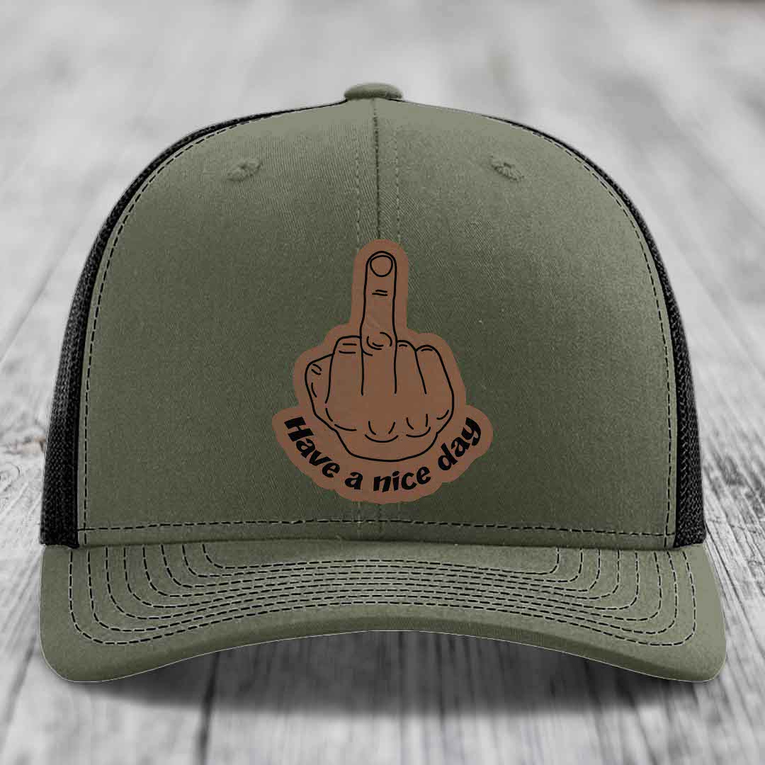 Middle Finger (Have A Nice Day) - Leather Patch Hat - Dark Brown to Black Patch - Richardson 112 Snapback Trucker Hat